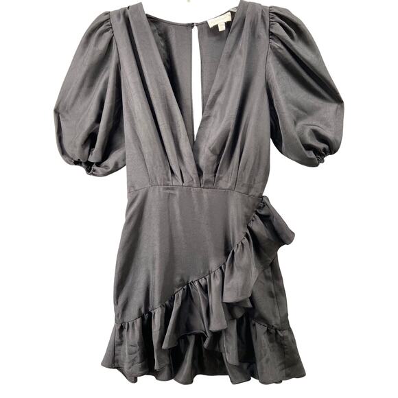 Ronny Kobo Dress Sz Medium Mindy Puff Sleeve Ruffle Plunging Mini in Black